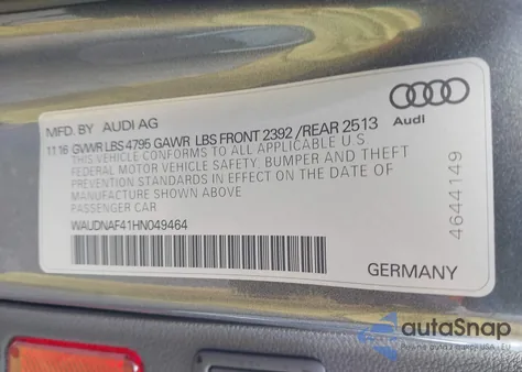 2017 Audi A4 2.0T Season Of Audi Premium из США, поврежденный, VIN WAUDNAF41HN049464